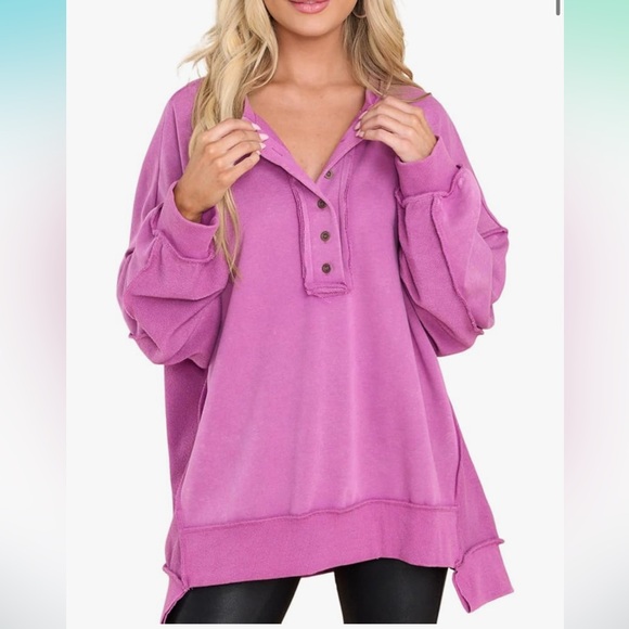 Women's Sweatshirt Exposed Hem Orchid Magenta Button Front Pullover Henley XL - Picture 1 of 5
